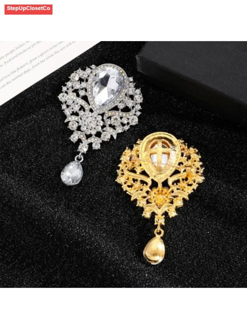 Vintage Floral Filigree Brooch with Teardrop Crystal Dangle, Baroque Statement